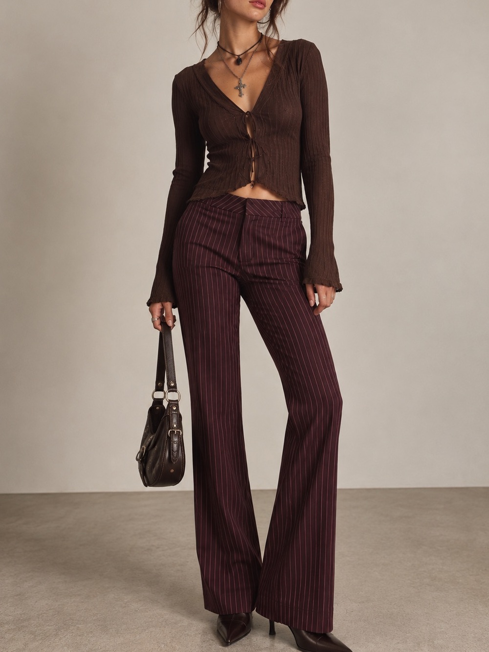 Vintage Burgundy Brown Pink Pinstripe Low Rise Flare Pants Y2K Office Siren 6P